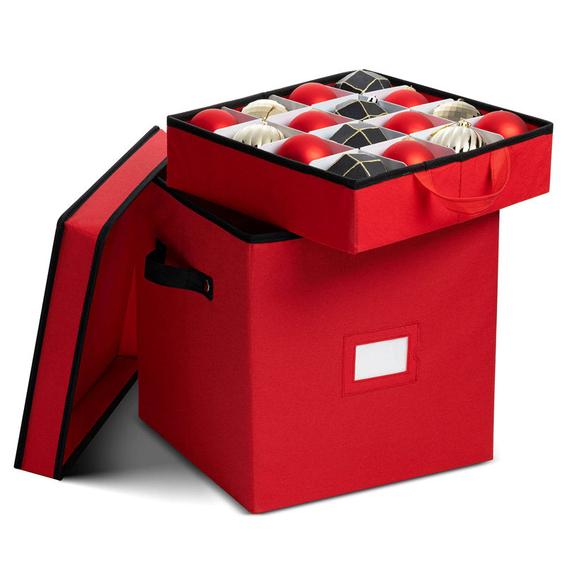 Christmas Ornament Storage Box - Stores 64 Ornaments - Non-Woven, Tear- Proof Christmas Ornament Storage Containers - 3 Inch Cube Compartments - Red