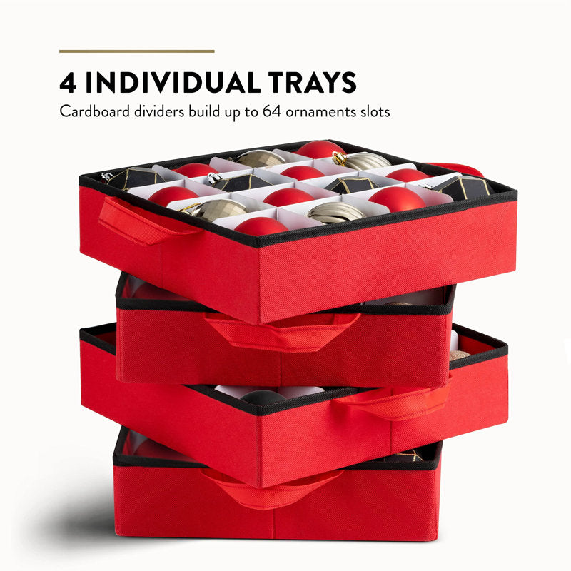 Christmas Ornament Storage Box - Stores 64 Ornaments - Non-Woven, Tear- Proof Christmas Ornament Storage Containers - 3 Inch Cube Compartments - Red