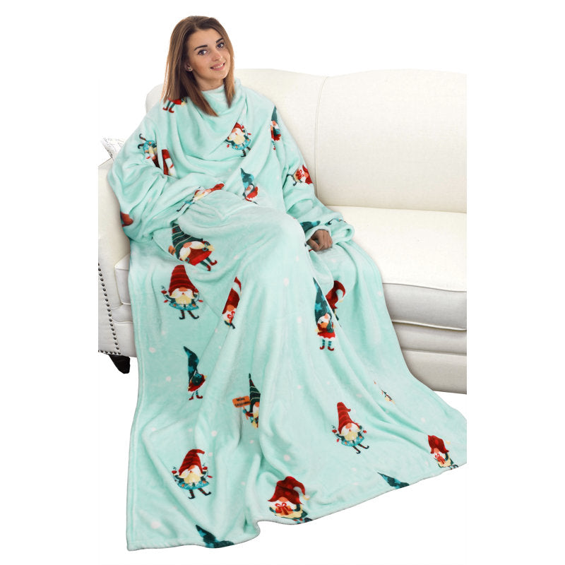Christmas Print Wearable Blanket with Sleeves and Pocket, Fleece Mink Micro Plush Wrap Throws Blanket Robe