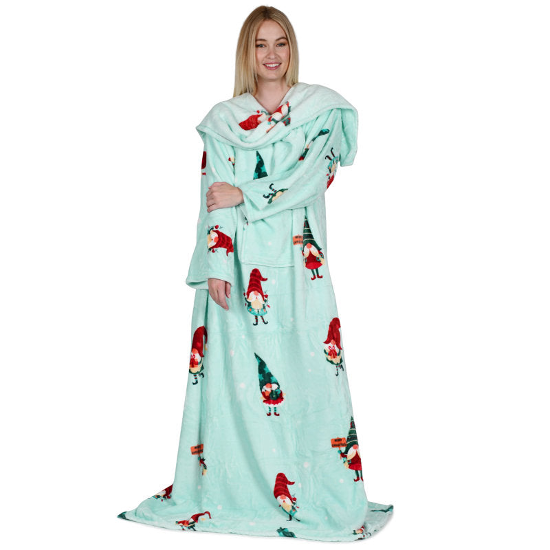 Christmas Print Wearable Blanket with Sleeves and Pocket, Fleece Mink Micro Plush Wrap Throws Blanket Robe