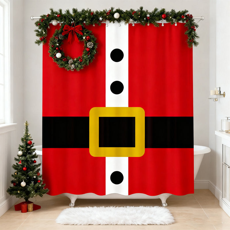 Christmas Santa Claus Belt Red Waterproof Shower Curtains For Bathroom, Polyester Fabric Bath Curtain With Hooks 70X70 Inch