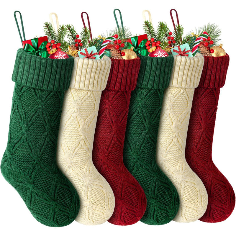 Christmas Stockings, Personalized Christmas Stockings 18 Inches Large Size Cable Knitted Stocking Gifts (Style 2 6Pcs White&Red&Green)