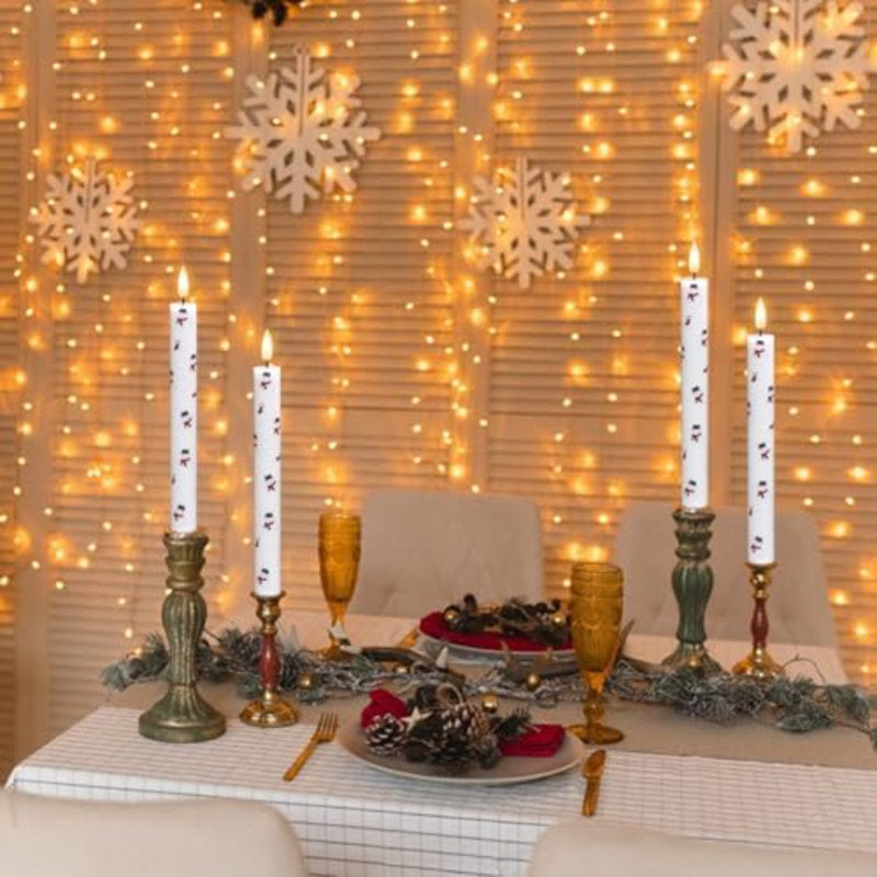 Christmas Taper Candles With Snowman Decals, 4 Pack LED Taper Candles With Timer, Real Wax Flickering LED Flickering Flameless Candlesticks With Christmas Prints For Home Decor(0.78â€ X 9.6â€)