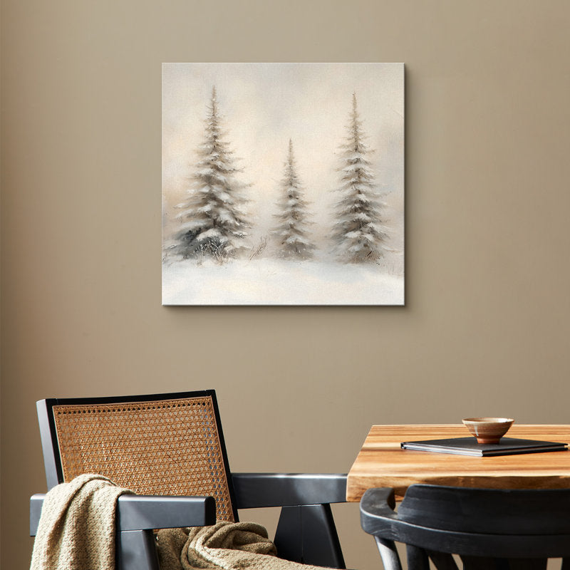 Christmas Vintage Winter Landscape Pine Tree Holiday Neutral Decor Framed Canvas Print Wall Art