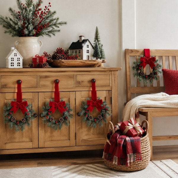 Christmas Wreath 9.05 Inch, Artificial Small Front Door Wreath with Red Velvet Bow, Pine Branches, Pine Cones and Red Berries, Winter Holiday Wall Window Xmas Decor