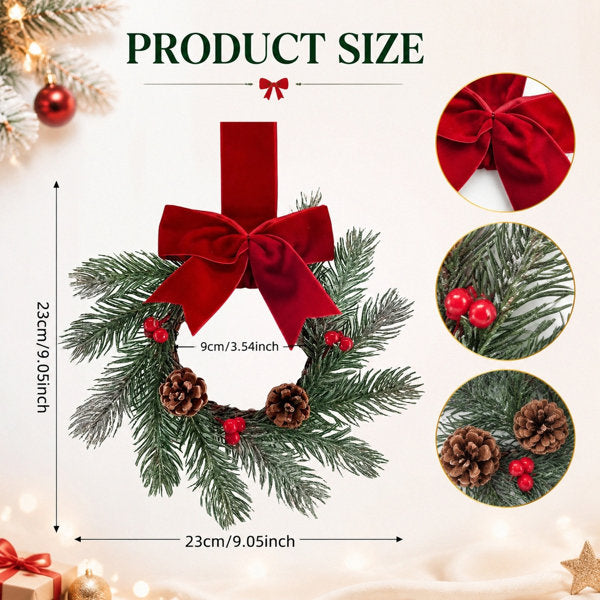 Christmas Wreath 9.05 Inch, Artificial Small Front Door Wreath with Red Velvet Bow, Pine Branches, Pine Cones and Red Berries, Winter Holiday Wall Window Xmas Decor