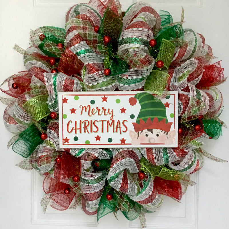 Elf Christmas Wreath displayed on a front door