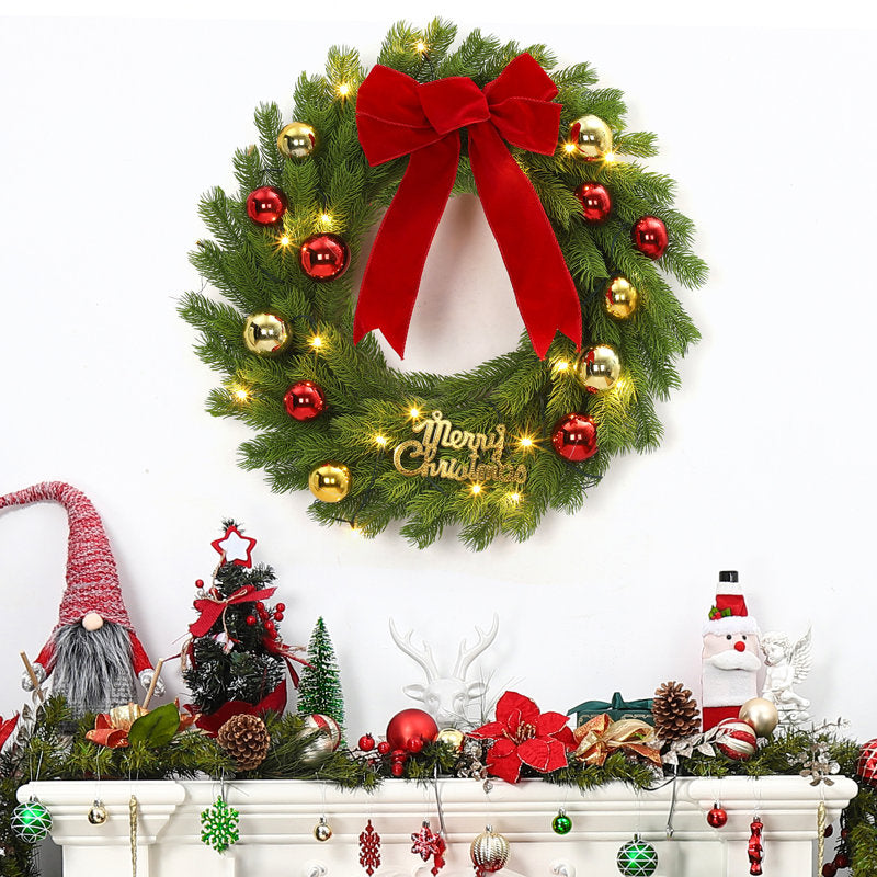 Christmas Wreath with Red Bow & Balls, 24 Inch Pre-Lit Front Door Wreath with 20 LED Lights