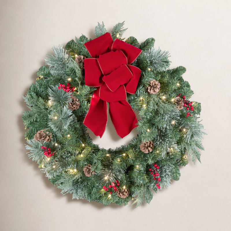 24" Pre-Lit Berry Christmas Wreath hanging on a front door