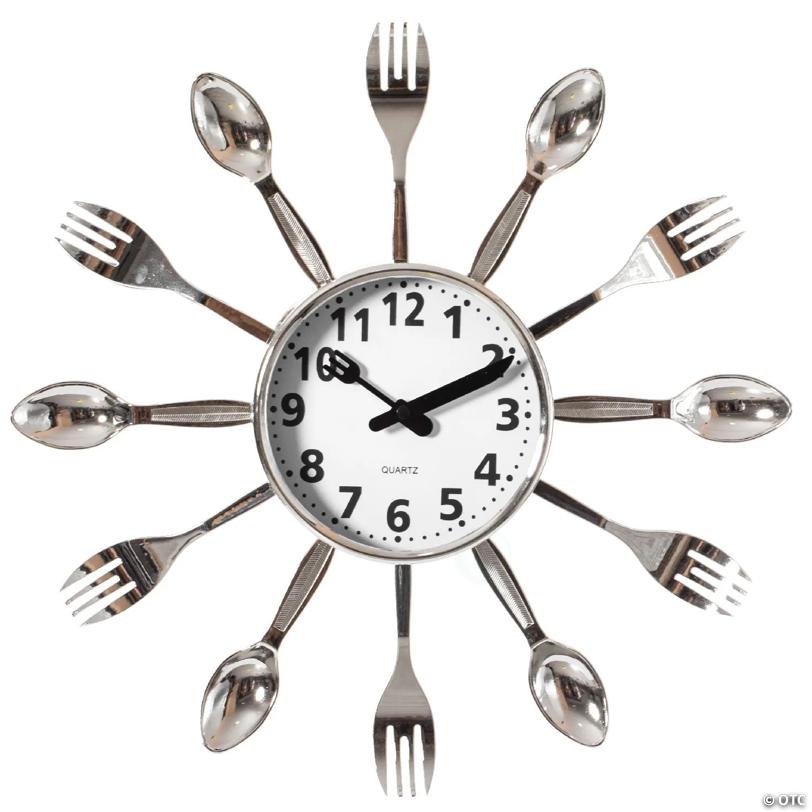 Clockswise Decorative 3D Cutlery Utensil Spoon and Fork Wall Clock for Kitchen, Playroom or Bedroom, Silver | USA Decoration®
