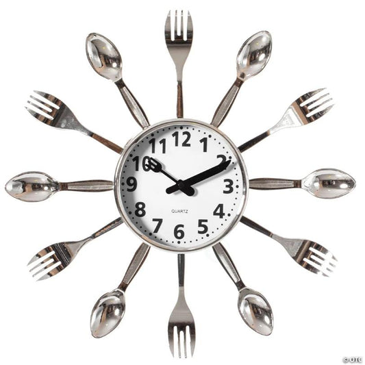 Clockswise Decorative 3D Cutlery Utensil Spoon and Fork Wall Clock for Kitchen, Playroom or Bedroom, Silver | USA Decoration®