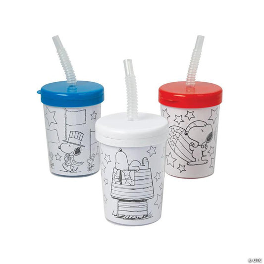 Color Your Own Patriotic Peanuts BPA-Free Plastic Cups with Lids & Straws - 12 Ct.