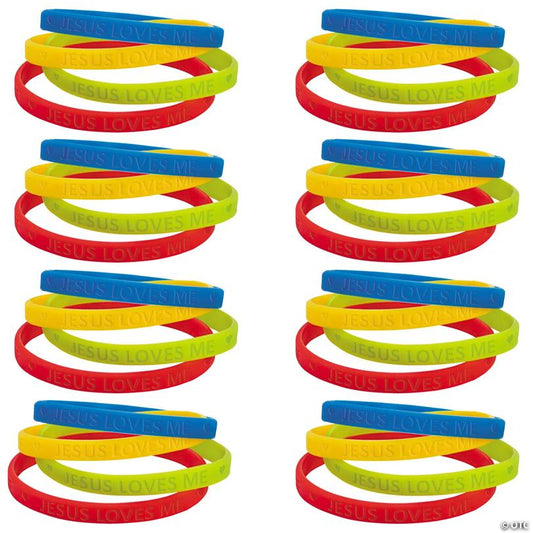 Colorful Jesus Loves Me Thin Band Rubber Bracelets - 96 Pc.