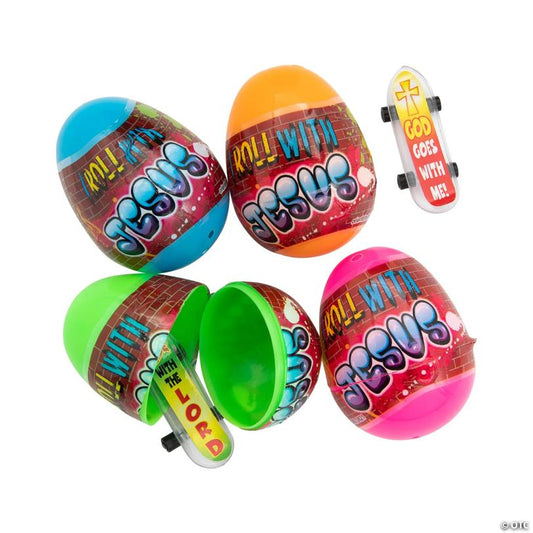 Colorful Roll with Jesus Skateboard-Filled Plastic Easter Eggs - 24 Pc. | USA Decoration®