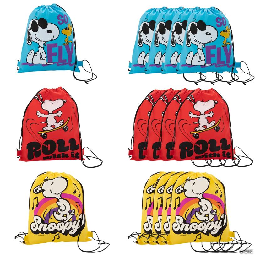 Colorful Snoopy Nonwoven Drawstring Backpacks - 12 Pc. for Parties