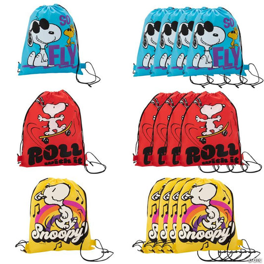 Colorful Snoopy Nonwoven Drawstring Backpacks - 12 Pc. for Parties