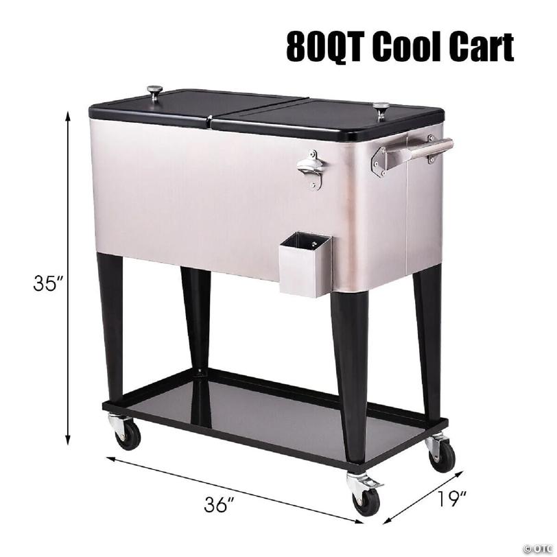 Costway Patio Cooler Rolling Outdoor Stainless Steel Ice Beverage Chest Pool 80 Quart