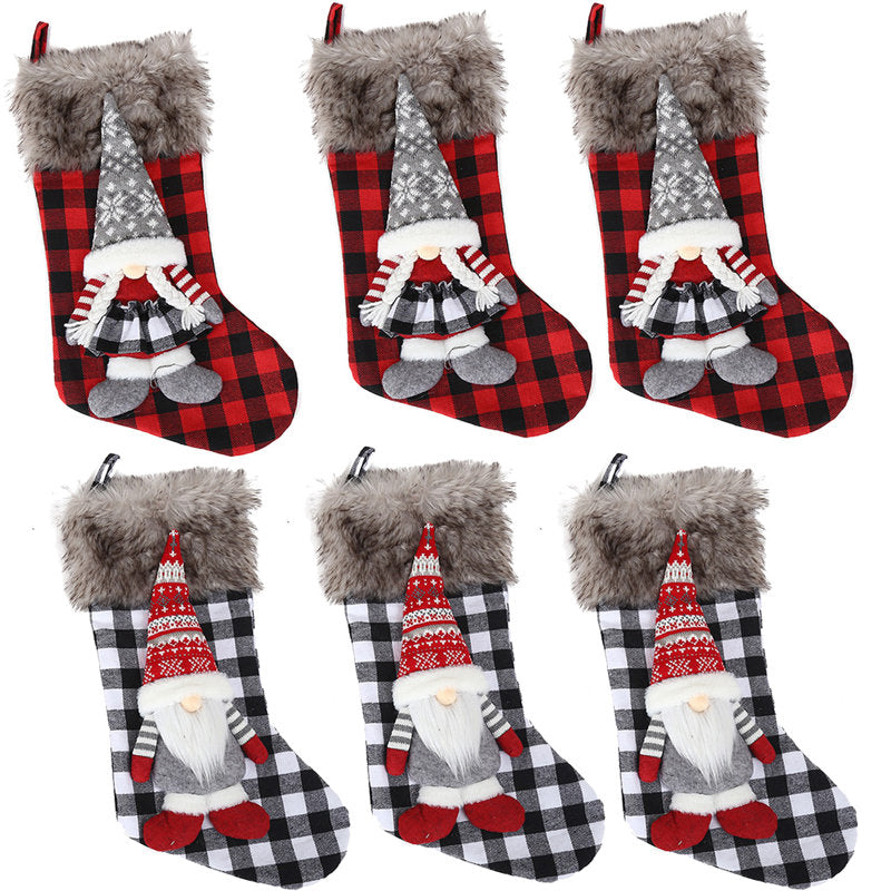 Cozy Buffalo Plaid Gnome Stockings for Christmas - Set of 6 Large 19-Inch Fireplace Stockings with Plush Cuff, Holiday Mantel Decor & Gift Bags