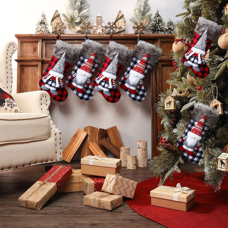 Cozy Buffalo Plaid Gnome Stockings for Christmas - Set of 6 Large 19-Inch Fireplace Stockings with Plush Cuff, Holiday Mantel Decor & Gift Bags
