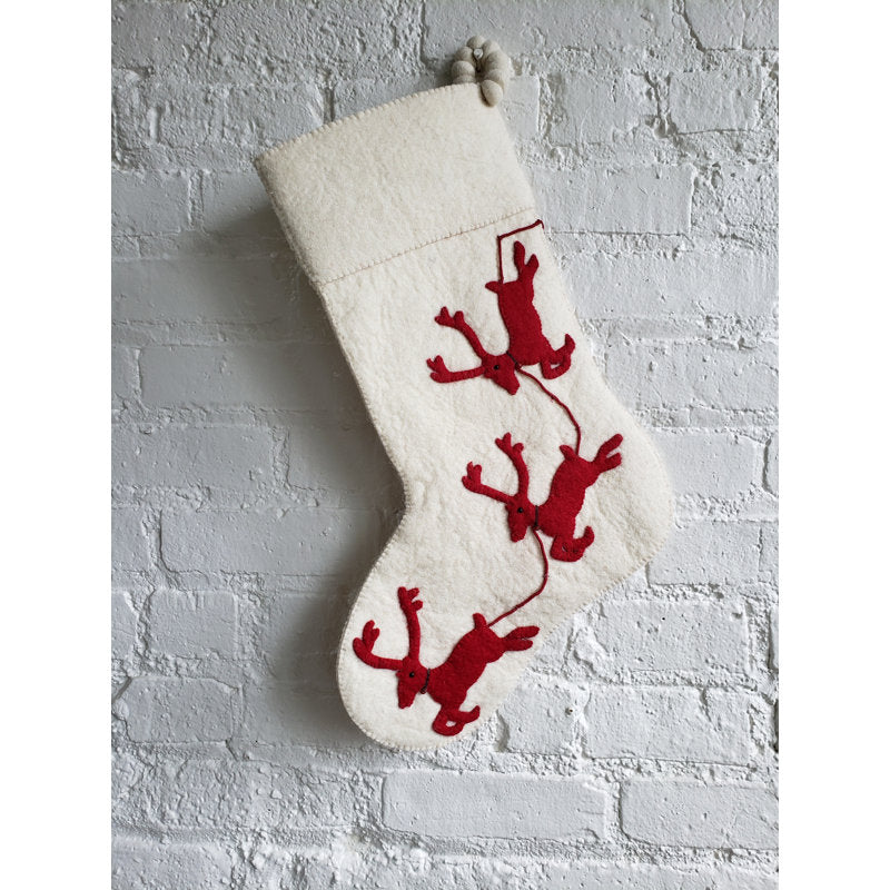 Cream Reindeer on Red Christmas Stocking