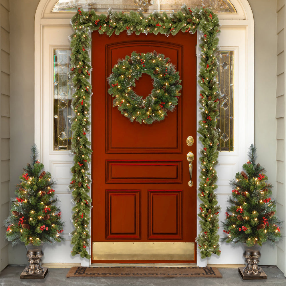 Pre Lit Crestwood Spruce Christmas Wreath with Pine Cones Berries | USA Decoration®