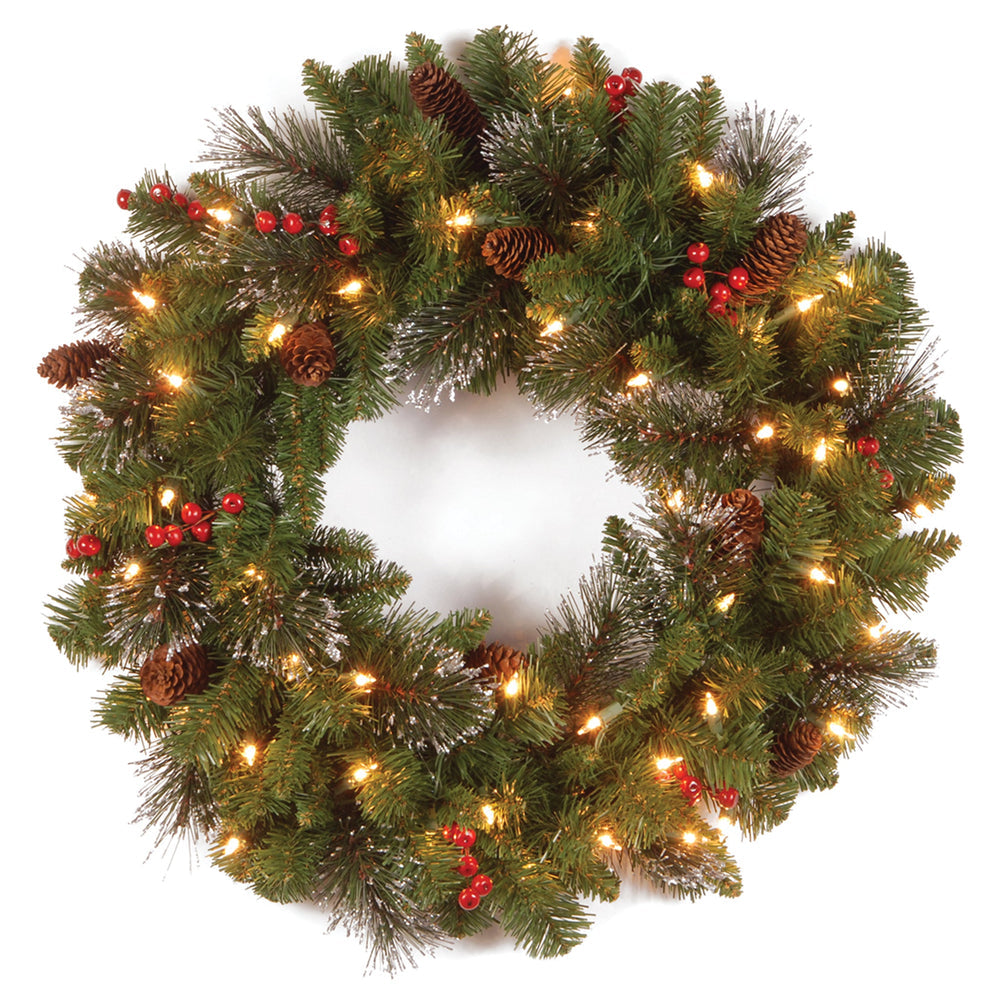 Pre Lit Crestwood Spruce Christmas Wreath with Pine Cones Berries | USA Decoration®