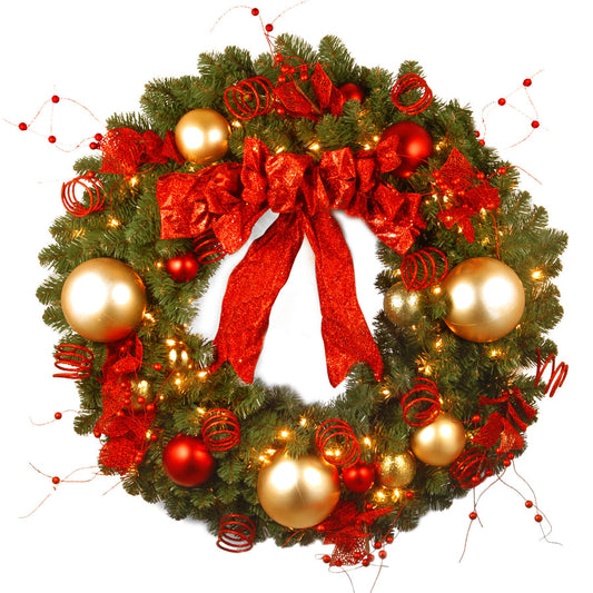 36 in Pre-Lit Cozy Christmas Wreath with Red Bow Gold Ornaments Clear Lights | USA Decoration®