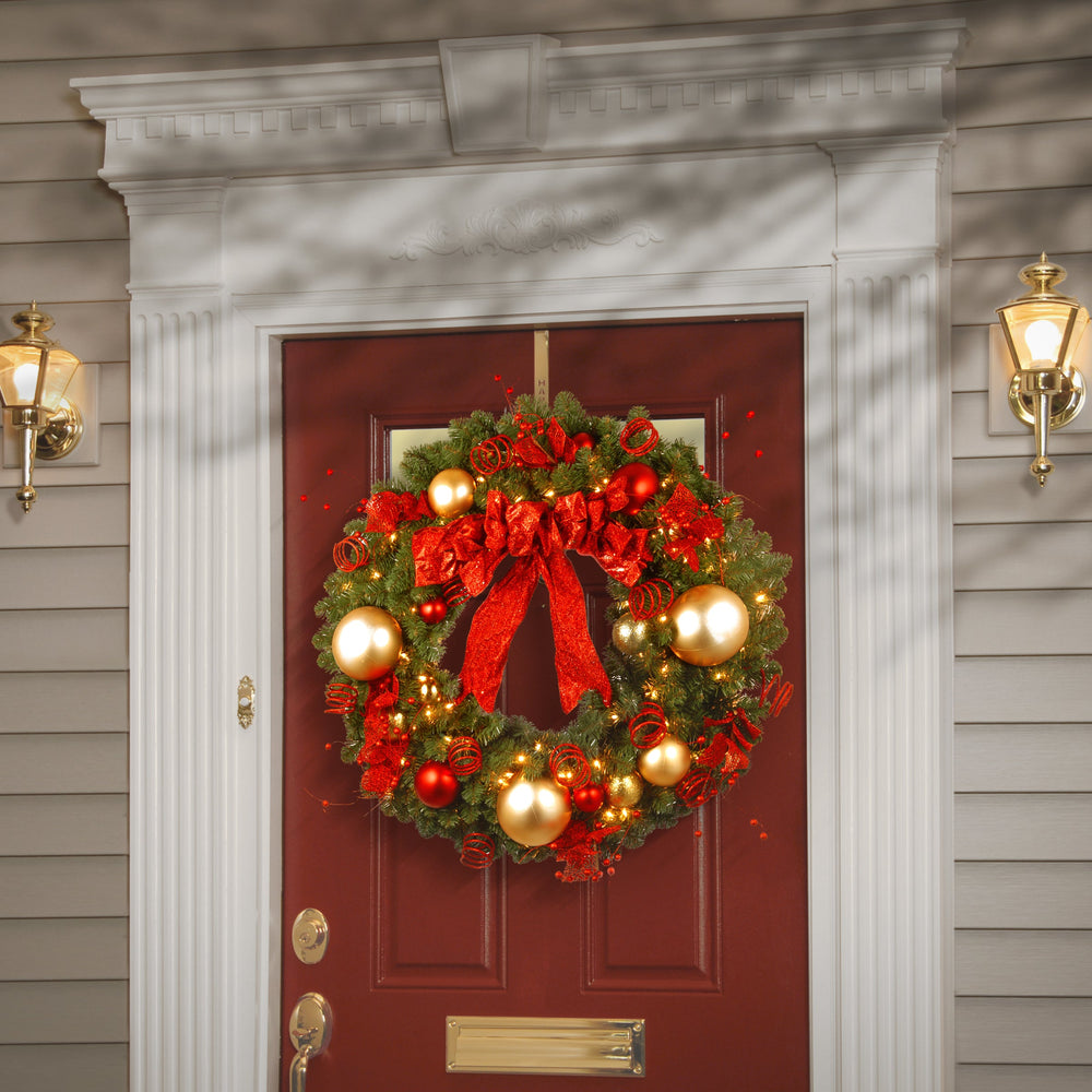 36 in Pre-Lit Cozy Christmas Wreath with Red Bow Gold Ornaments Clear Lights | USA Decoration®