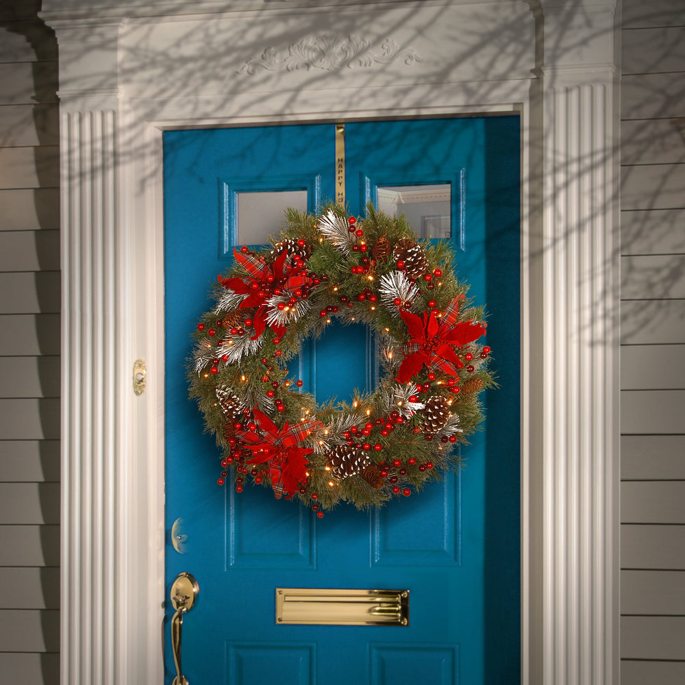 30 in Pre-Lit Tartan Plaid Christmas Wreath with Pine Cones Berry LED Lights | USA Decoration®
