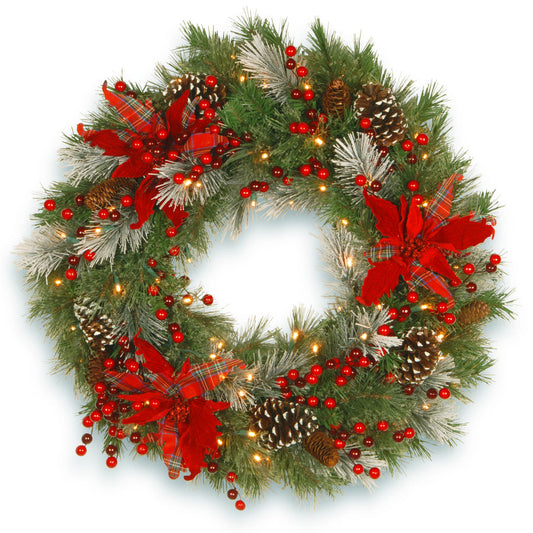 30 in Pre-Lit Tartan Plaid Christmas Wreath with Pine Cones Berry LED Lights | USA Decoration®