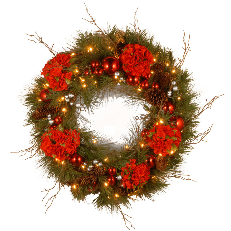 24 in Pre-Lit Hydrangea Pine Wreath with Flower Blooms Pine Cones LED Lights | USA Decoration®