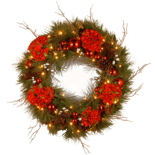 24 in Pre-Lit Hydrangea Pine Wreath with Flower Blooms Pine Cones LED Lights | USA Decoration®