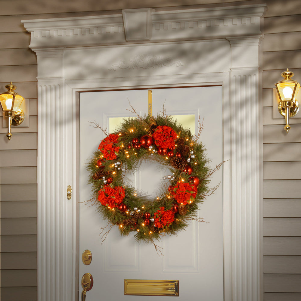 24 in Pre-Lit Hydrangea Pine Wreath with Flower Blooms Pine Cones LED Lights | USA Decoration®