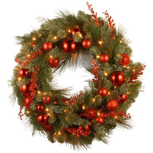 24 in Pre-Lit Decorative Red Mixed Holiday Wreath with Warm White LED Lights | USA Decoration®