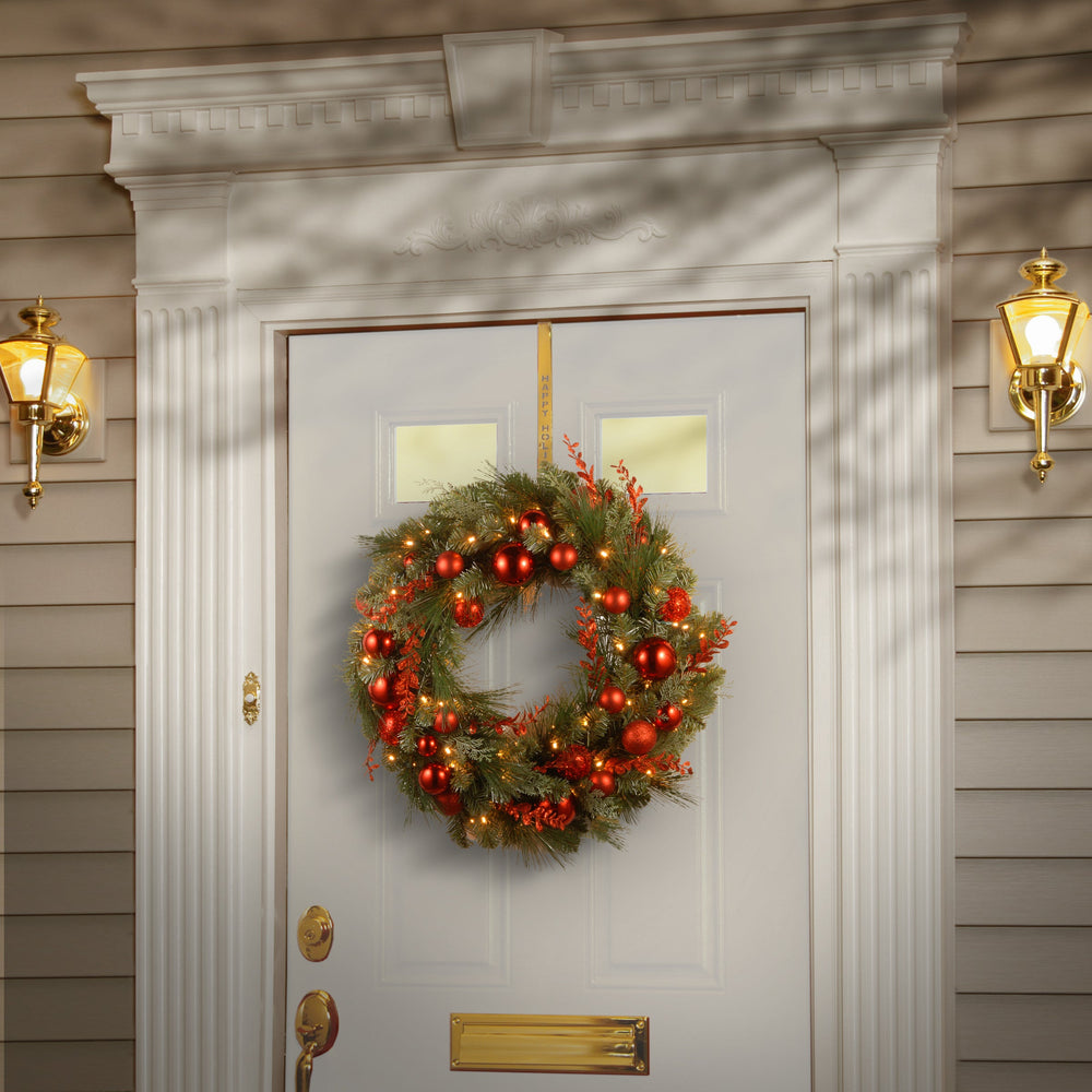 24 in Pre-Lit Decorative Red Mixed Holiday Wreath with Warm White LED Lights | USA Decoration®
