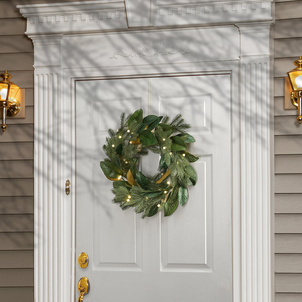 24 in Pre-Lit Magnolia Mix Pine Holiday Wreath with Warm White LED Lights | USA Decoration®