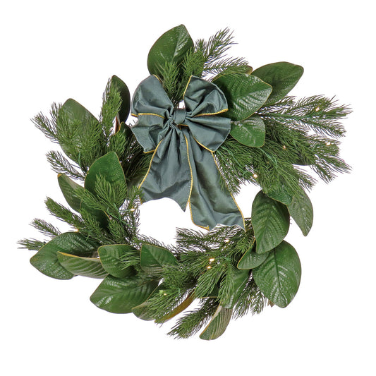 24 in Pre-Lit Magnolia Mix Pine Christmas Wreath with Warm White LED Lights | USA Decoration®