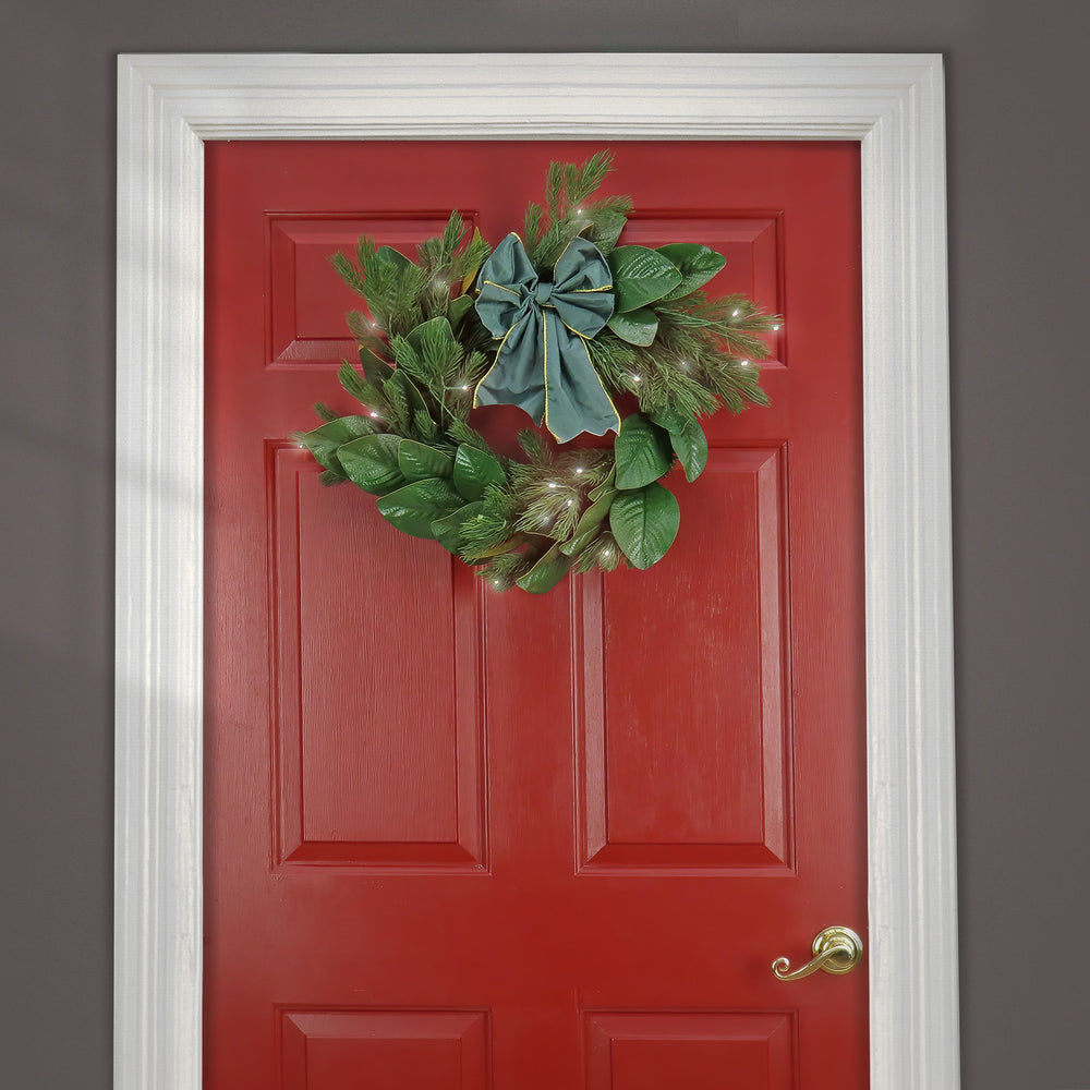 24 in Pre-Lit Magnolia Mix Pine Christmas Wreath with Warm White LED Lights | USA Decoration®