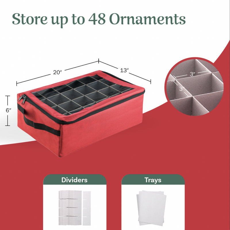 DTX Intl Ornament Storage Box - Zippered Lid Organizer with 48 Individual Compartments and Dividers