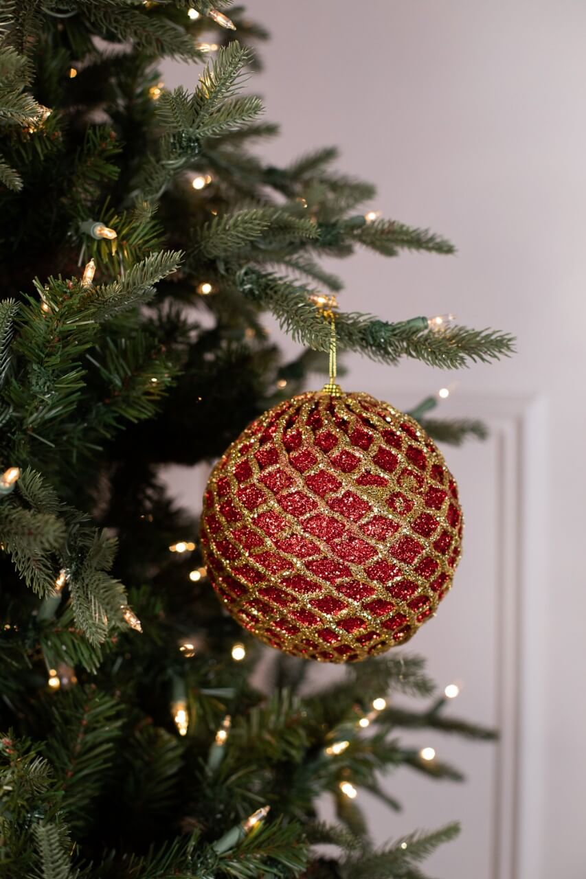 6” Glittered 2 Tone Net Ball Christmas Ornaments - Red/Gold