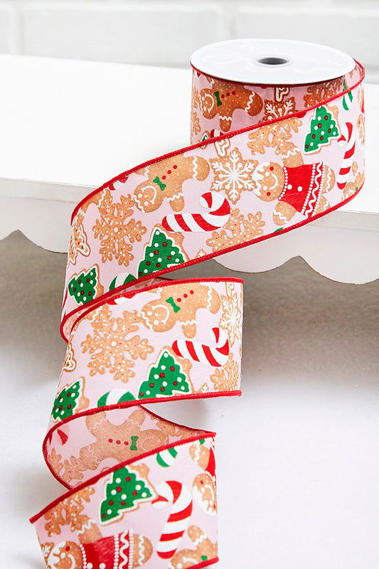 2.5" x 10 Yards Pink Gingerbread Candy Cane Ribbon Wired Edge Holiday Ribbon for Gift Wrapping, Tree, and Christmas Crafts