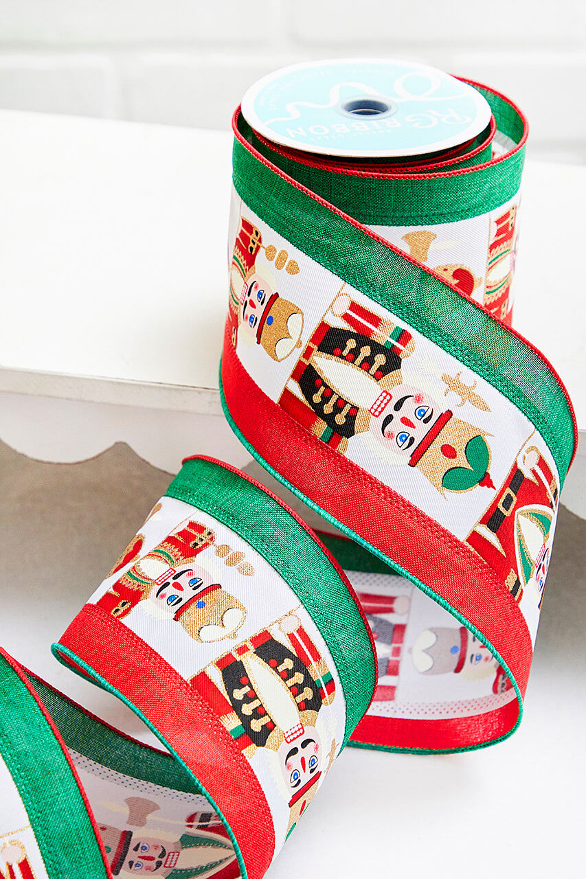 4" x 10 Yards Red Green White Nutcracker Ribbon Festive Holiday Wired Trim