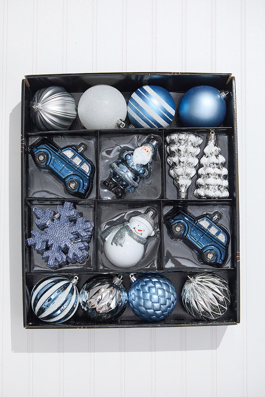 Christmas Shatterproof 25 Piece Assortment Silver and Blue