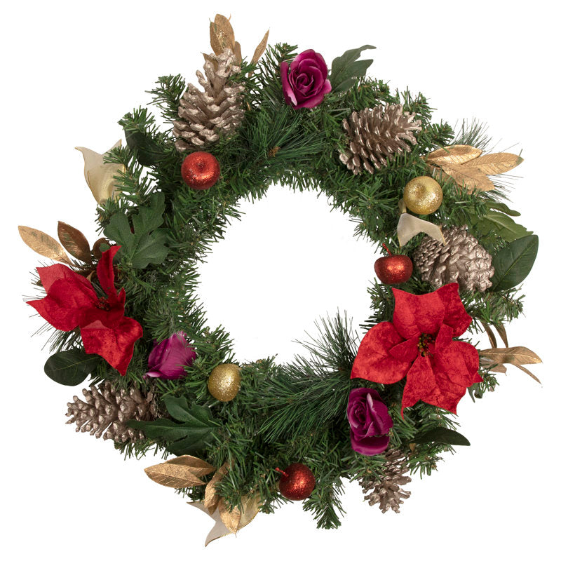 24" unlit poinsettia Christmas wreath with poinsettias and roses