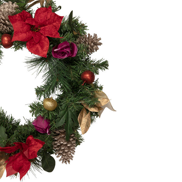 Decorated Red Poinsettia and Rose Artificial Christmas Wreath 24-inch Unlit