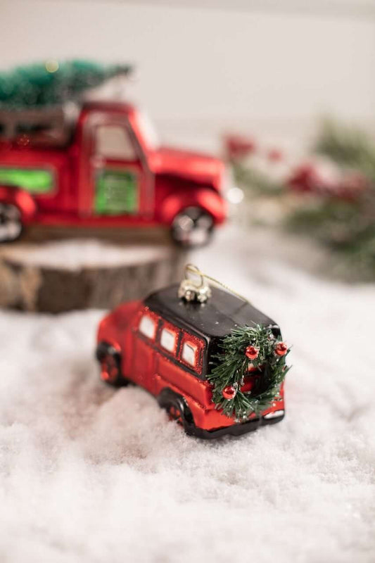 Glass Car with Tree & Wreath Christmas Ornament Vintage Holiday Tree Decoration