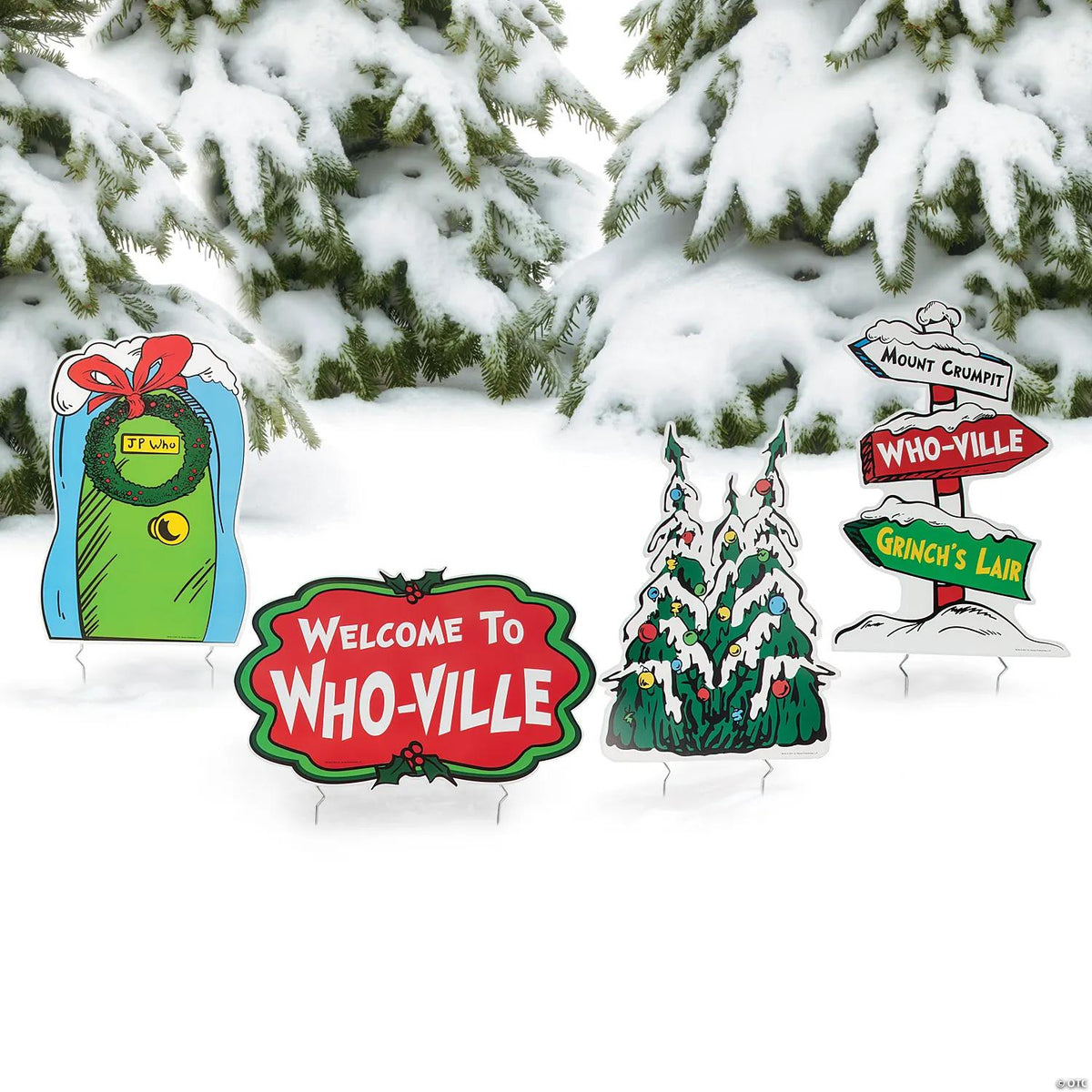 Four-piece Dr. Seuss Grinch Whoville Christmas yard sign set