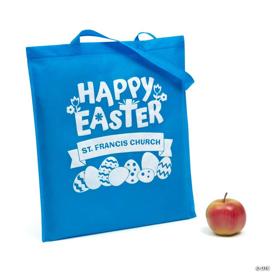 Durable Personalized Light Blue Church Egg Hunt Tote Bags - 48 Pc.