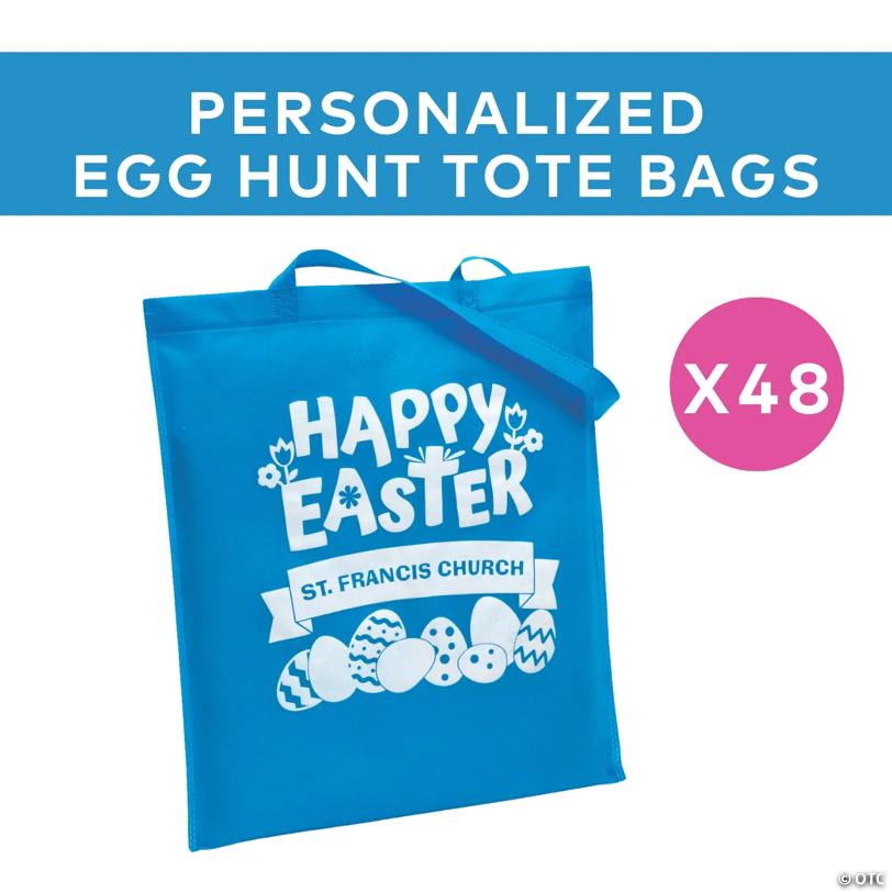 Durable Personalized Light Blue Church Egg Hunt Tote Bags - 48 Pc.