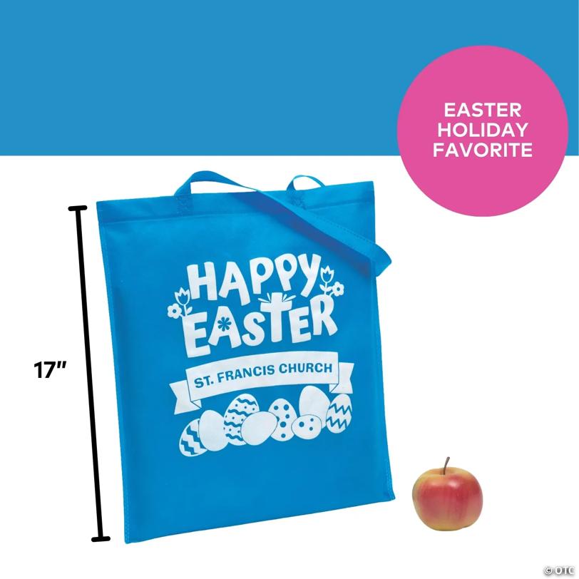 Durable Personalized Light Blue Church Egg Hunt Tote Bags - 48 Pc.